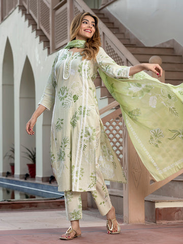 Orni Fashion Sage Green Floral print Straight Kurta Bottom And Dupatta Set