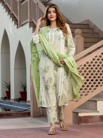 Orni Fashion Sage Green Floral print Straight Kurta Bottom And Dupatta Set