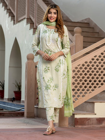 Orni Fashion Sage Green Floral print Straight Kurta Bottom And Dupatta Set