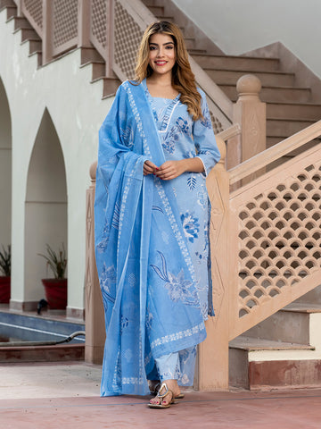Orni Fashion Sky Blue Floral print Straight Kurta Bottom And Dupatta Set