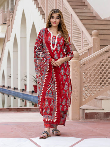 Orni Fashion Red Floral print Straight Kurta Bottom And Dupatta Set