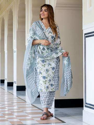 Orni Fashion Grey and White Floral print Straight Kurta Bottom And Dupatta Set