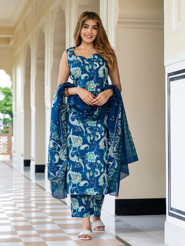 Orni Fashion Blue Floral print Straight Kurta Bottom And Dupatta Set