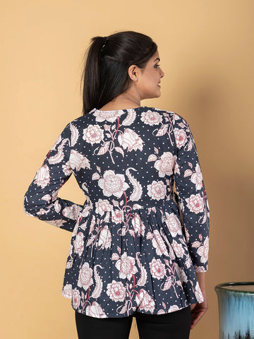 Orni Fashion Black And Cream Floral print Peplum Top