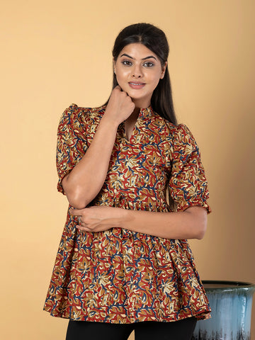 Orni Fashion Rust Ethnic Motifs Peplum Top