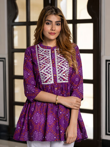 Orni Fashion Purple Bandhej Print Peplum Top