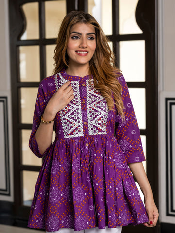 Orni Fashion Purple Bandhej Print Peplum Top