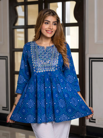Orni Fashion Blue Bandhej Print Peplum Top